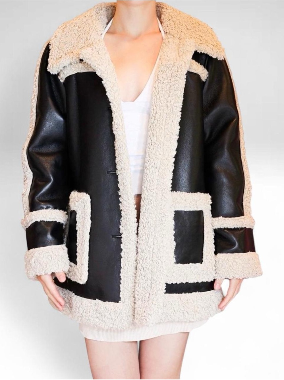 7 For All Mankind Faux Leather Shearling Longline Jacket Black Cream One Size